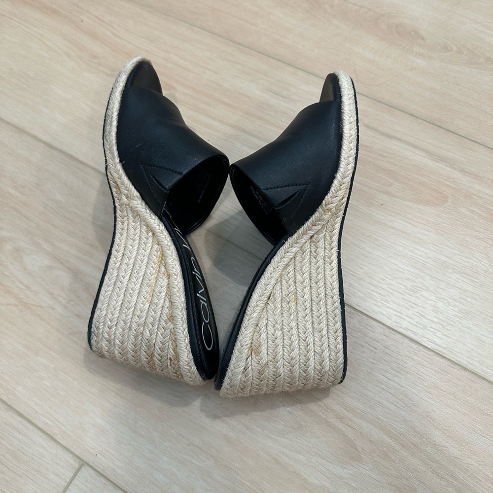 Calvin Klein Black Leather Espadrille Wedge Slides - Picture 4 of 4